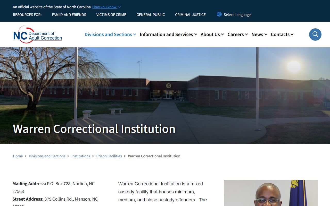 Warren Correctional Institution NCDAC facility page screenshot for state prison lookup